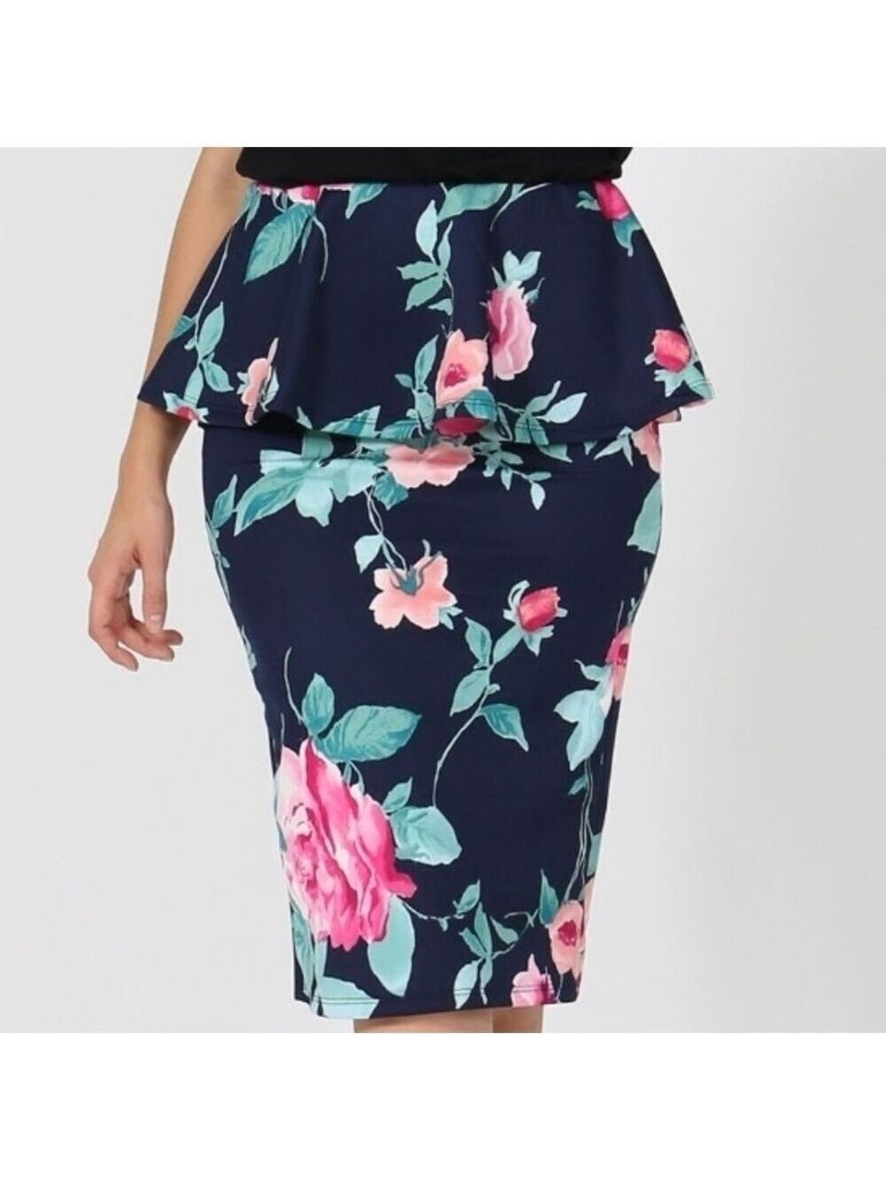 42Pops Plus Size Navy Floral Peplum Pencil Skirt 1X 2X 3X Stretch Bodycon